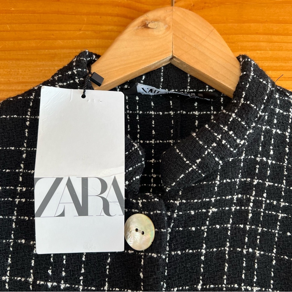 ZARA Tweed Contrasting Round Neck Long Sleeve Blouse Button Up Top M - Picture 2 of 3